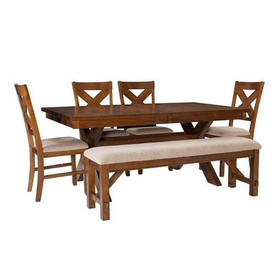 Pemberly Row 6-Piece Padded Seats Wood Dining Set in Dark Hazelnut Brown/Tan