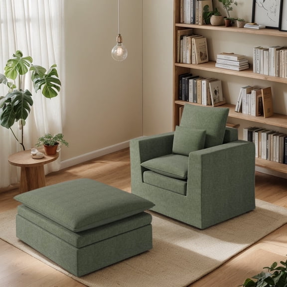 WHGBJA Living Room 2 Piece Sofa Set,Ergonomic Bean Bag Chair Set w/ Foot Rest & 2 Pillows,Modern Comfortable Chenille Fabric Couch Lazy Sofa,for Bedroom,Gaming Lounge,Relaxing,Green