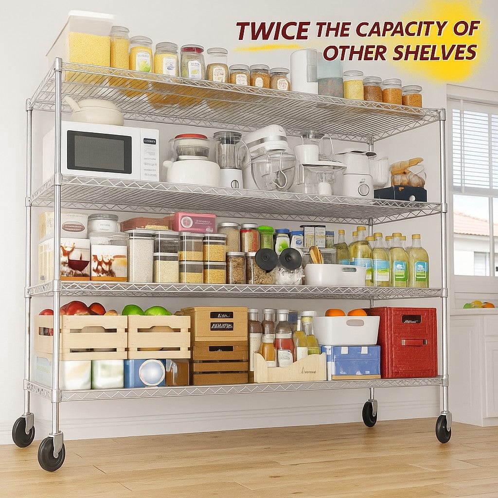Sailvan 4-Tier Heavy Duty Metal Storage Rack, 60"W x 24"D x 72"H, 2400LBS Capacity Adjustable Wire Shelving Unit with Wheels for Garage Pantry,Silver