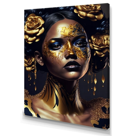 Designart Gold And Black Floral Woman V Canvas Wall Art