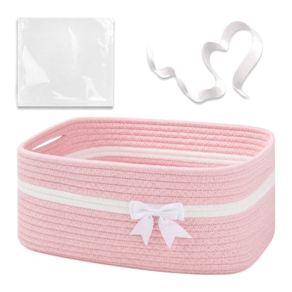 Large Woven Storage Basket with Handles for Living Room Shelves, Bow Basket for Gifts Empty with Gift Bags and Ribbons - Pink