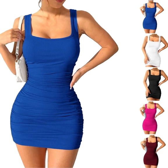 Smsaxvxz Summer Dresses for Women Fashion Square Neck Sleeveless Knitted Basic Bodycon Sundress Casual Solid Mini Dress Blue S