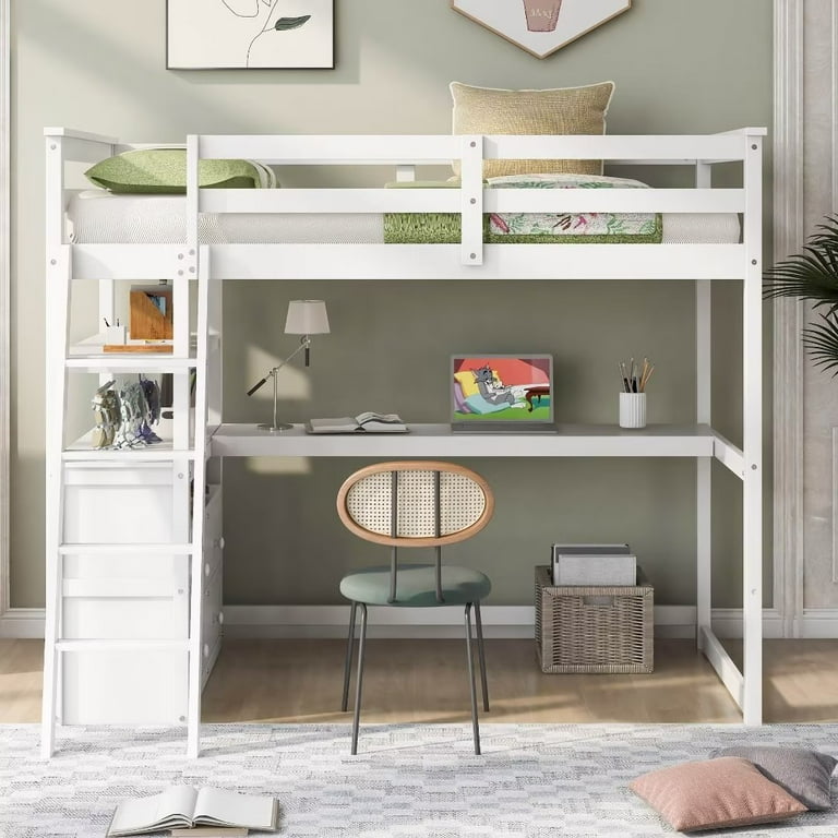 Twin Loft Bed with Desk and 2 Drawers Solid Wood Twin Size Loft Bed Frame with 2 Tier Shelves and Angled Ladder Space Saving Loft Bed Frame No Box