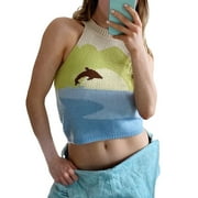 2021 Women Green Print Crop Top Y2K Casual Beach Off Shoulder Sleeveless Knit Crop Top Party Tank Tops