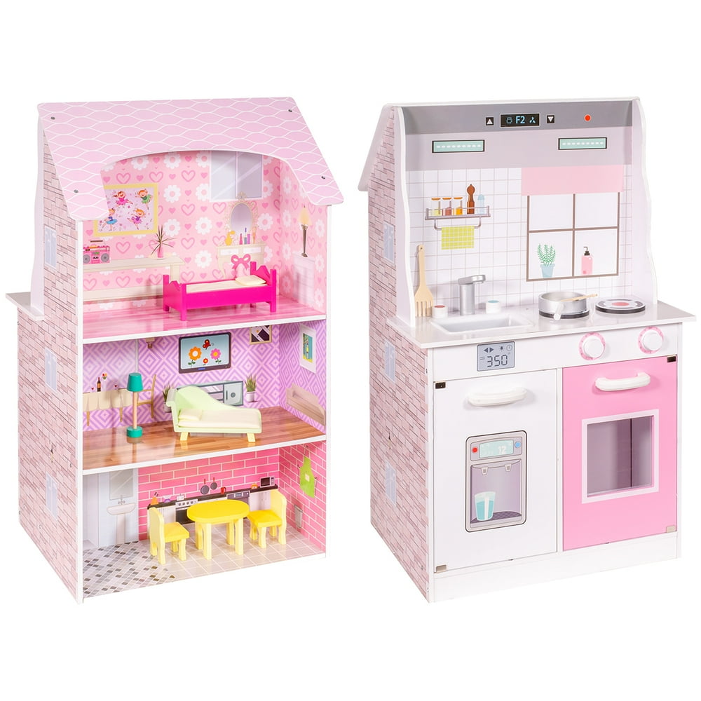 ihubdeal 2in1 Doll House & Play Kitchen Pretend and Play with 3 Level