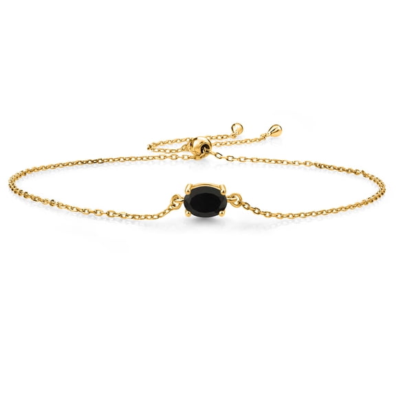 Gem Stone King 18K Yellow Gold Plated Silver Black Onyx Solitaire Bracelet for Women (0.70 Cttw, Gemstone Birthstone, Oval Cut 7X5MM, Fully Adjustable up to 9 inch)
