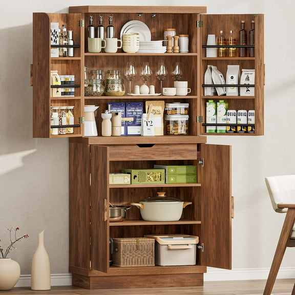 71" Tall Kitchen Pantry Storage Cabinet with 6 Door Shelves, Hidden Drawer&Adjustable Shelf, Freestanding Rustic Wood Pantry for Kitchen, Dining Room