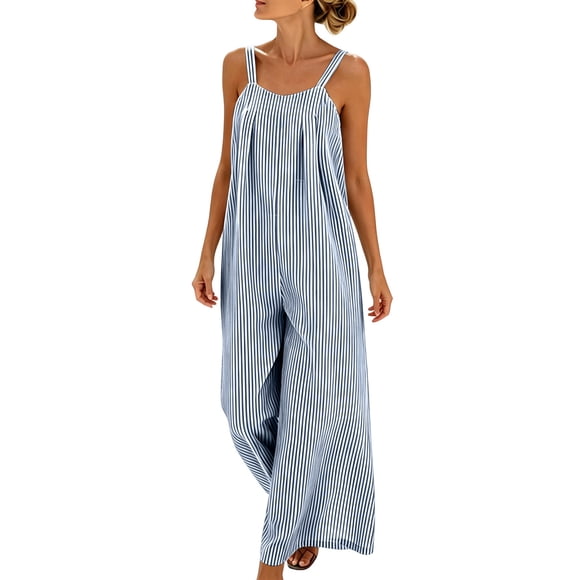 SZJXBUY Wide Leg Jumpsuits for Women Cotton Dressy Casual Sleeveless Maxi Jumpsuit Summer Striped Smocked Cutout Back Wide Leg Beach Vacation Overall Romper Navy,L