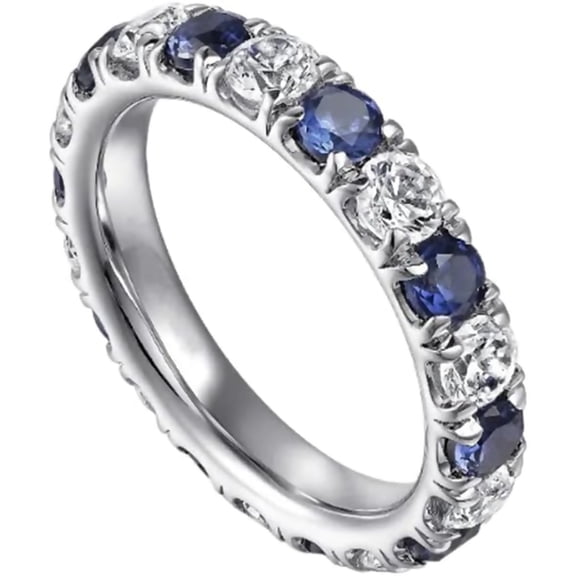 Alternating Blue Sapphire and Clear Cubic Zirconia Half Eternity Ring,14K White Gold Plated Half Eternity Band, Blue Sapphire and Clear CZ Stackable Wedding Engagement Ring for Women