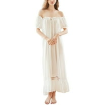 Defitshape Women's Cotton Victorian Square Neck Nightgown Vintage Sleep Dress Short Sleeve Ruffle White Medium