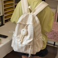 thumbnail image 3 of Striped Bow School Backpack, Chic Backpack with Drawstring Side Pocket, Nylon Waterproof Bookbag for College Shopping Travel (Khaki), 3 of 3