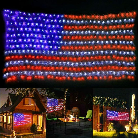 RisingPro American Flag LED String Lights 8 Lighting Modes Timer Function Large USA Flag Net Light Outdoor Lights Waterproof Hanging Ornaments For Independence Day Festival Decoration