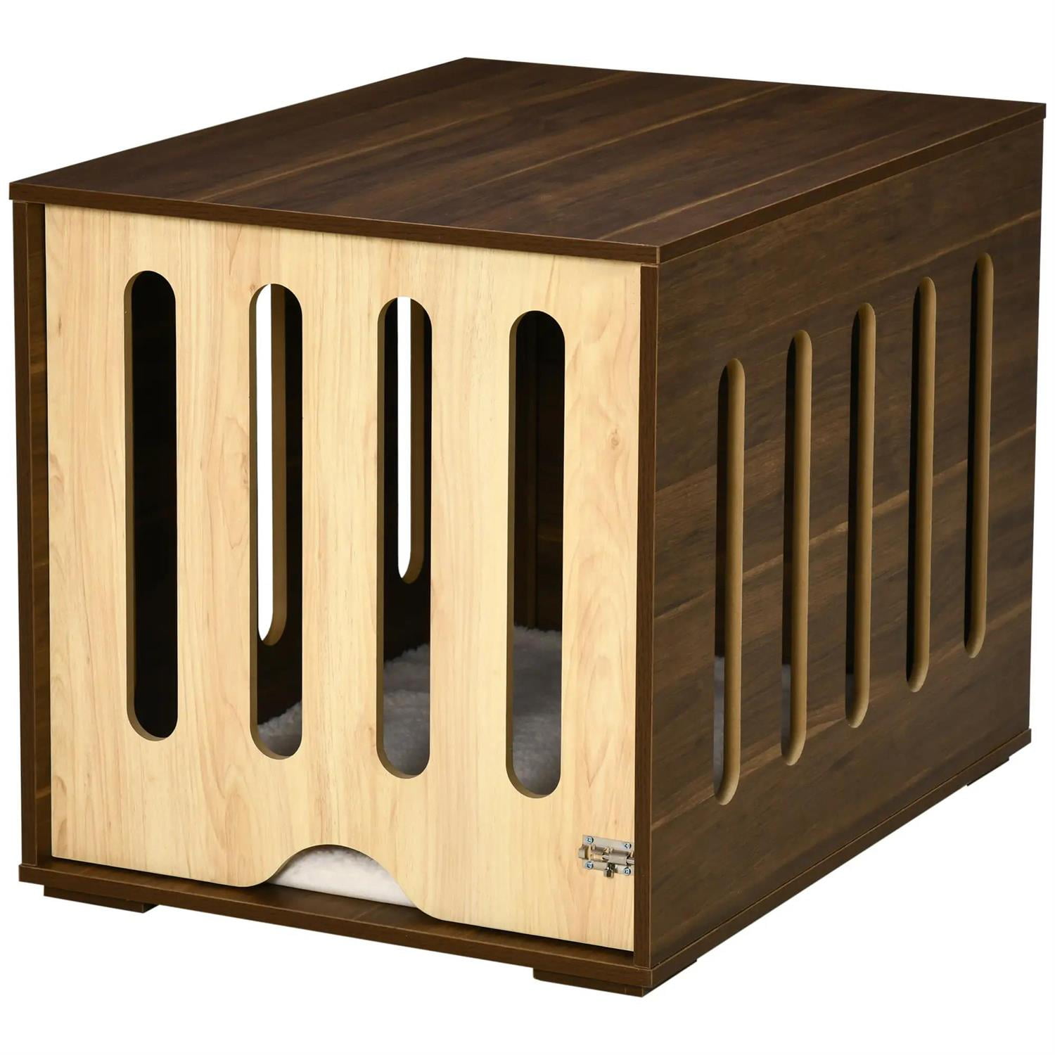 Pefilos 23" Dog Crate Furniture with Foam Cushion, Safety Lock, Wooden Kennel Table with Removable Door Panel, Indoor Dog House for Small Dogs, Brown