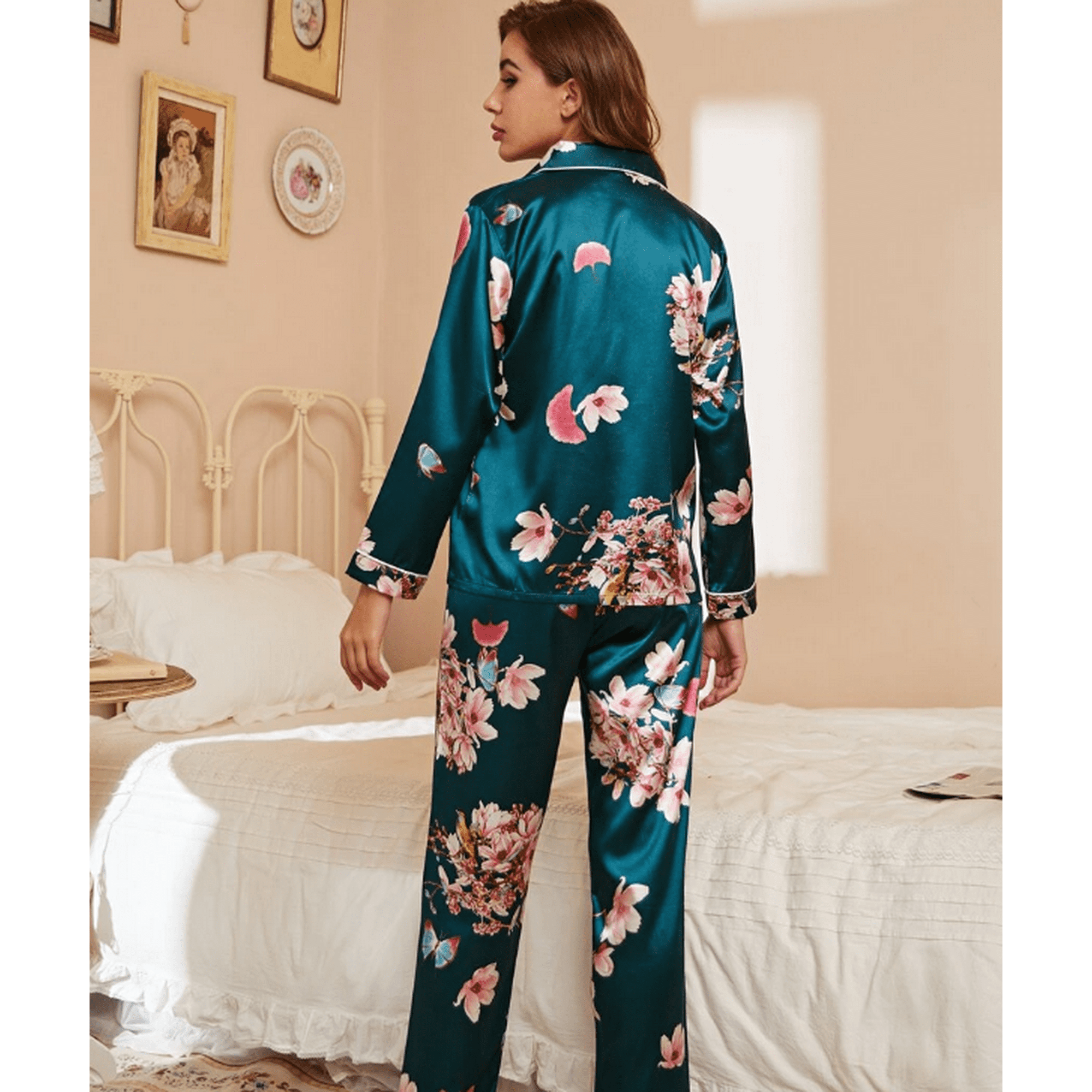 Voianlimo Fashion Elegant Women Satin Floral Print Button Front Lapel Night Suit Homewear Pajama Party Green