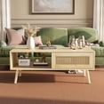 thumbnail image 3 of Boho Coffee Table with Storage for Living Room, Natural Wood Center Table with Sliding Door and Open Shelves, Mid-Century Modern Furniture for Small Space Apartment, 3 of 8