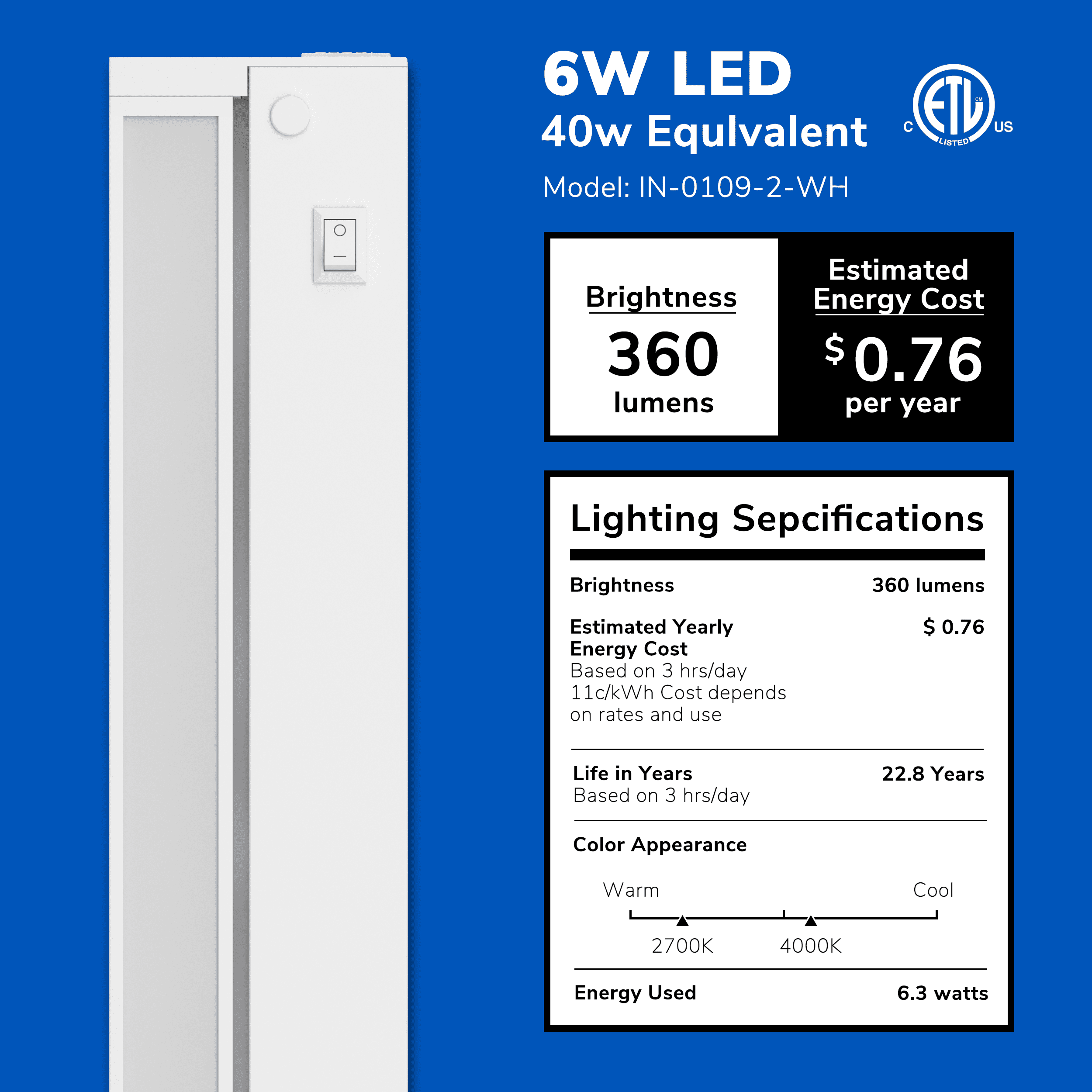 Inlight 12-inch Plug-in Swivel LED Under Cabinet Lighting, 2700K/4000K, White Finish, IN-0109-2-WH