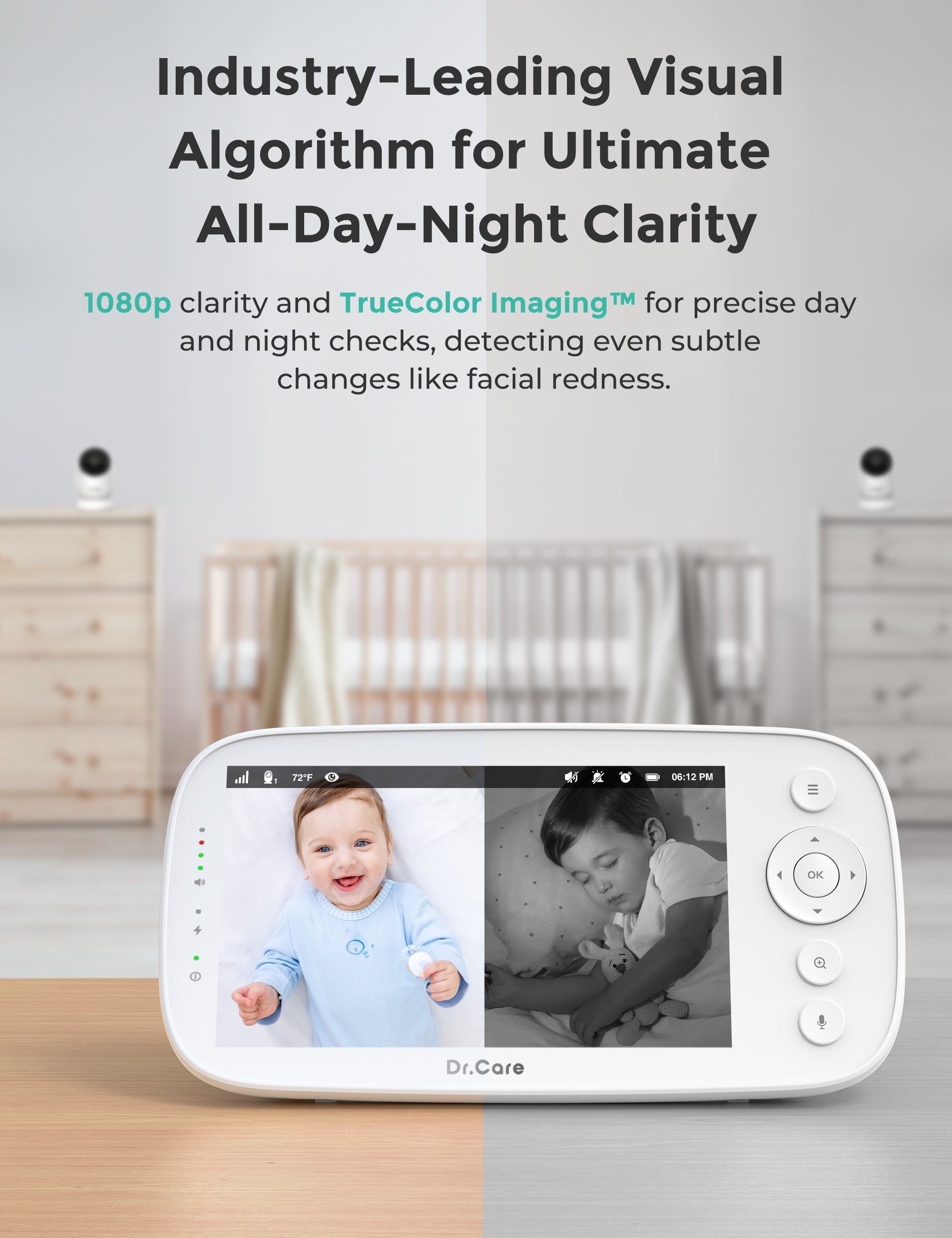 Dr.Care 5" 1080P Split-Screen Video Baby Monitor, Clear Night Vision, 5000mAh Battery, Real-Time/VOX, 2X/4X Zoom, 2-Way Audio, No WiFi Baby Camera