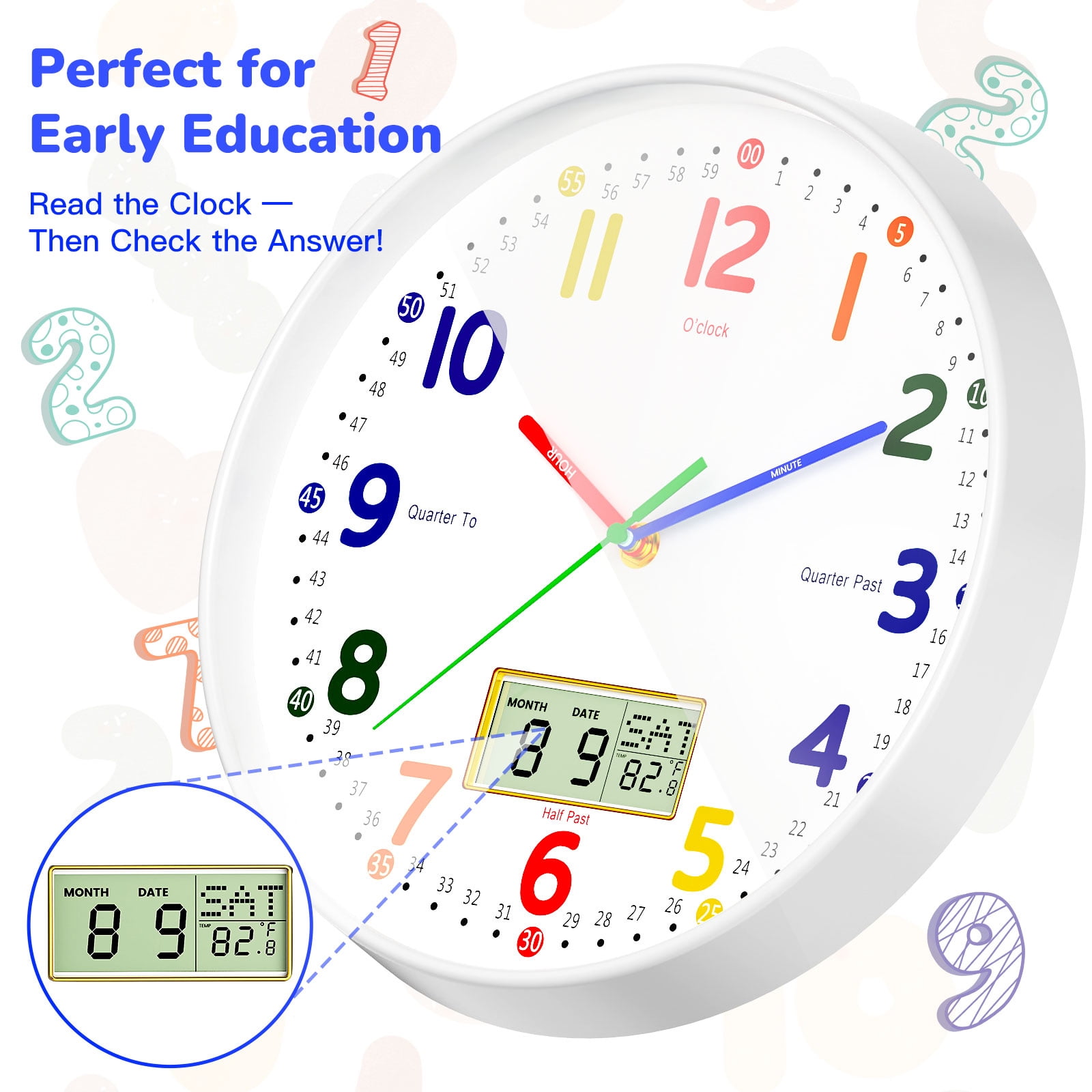12" Silent Teaching Wall Clock with LCD Date Weekday Temperature Display – Tempered Glass, Non-Ticking Battery Operated Learning Clock for Kids Room, Classroom, Home Decor