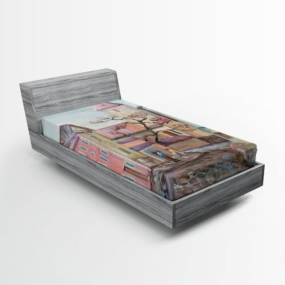 Ambesonne Rustic Fitted Sheet, Watercolor Effect Town, Twin Size, Multicolor