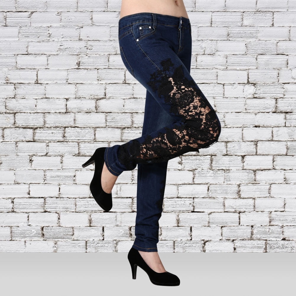 SALE Women Crochet Lace Hollowed-out Jeans Denim Trousers Skinny Pants