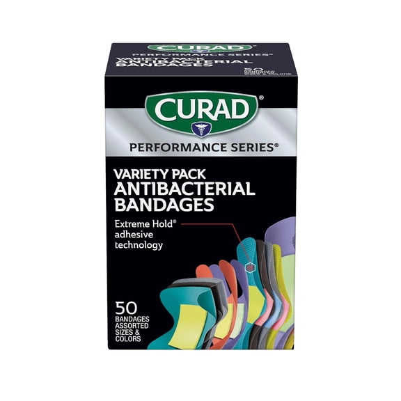 Curad Performance Series Antibacterial Bandages, Variety Pack, 50 Count, Black