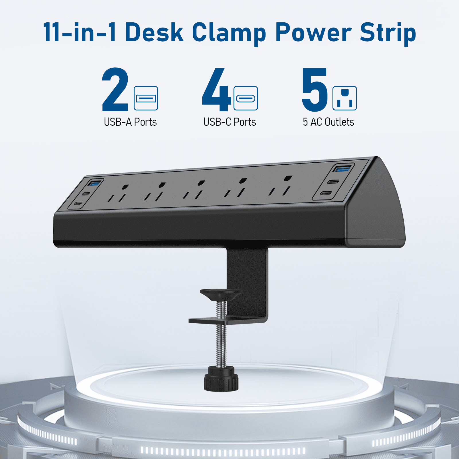 VILONG Desk Clamp Power Strip USB C, 40W Total Fast Charging Station, 5 Outlets 6USB, 1200J Surge Protector, 6Ft Cord, Fit 1.6" Edge, Black, ETL Listed