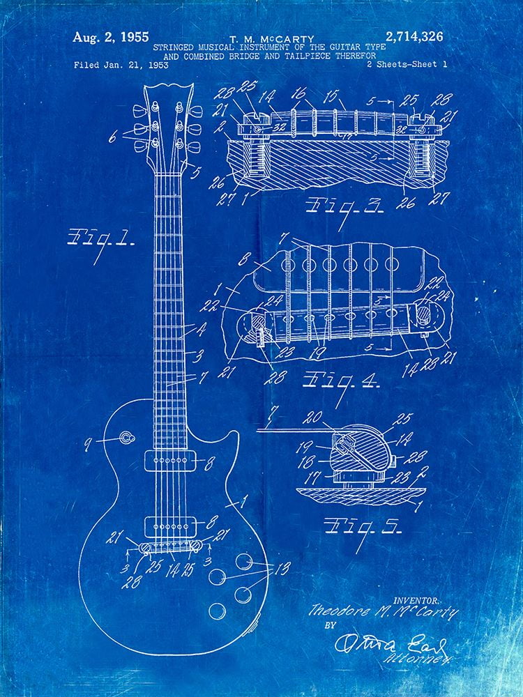 Borders, Cole 19x24 White Modern Wood Framed Museum Art Print Titled - PP47-Faded Blueprint Gibson Les Paul Guitar Patent Poster