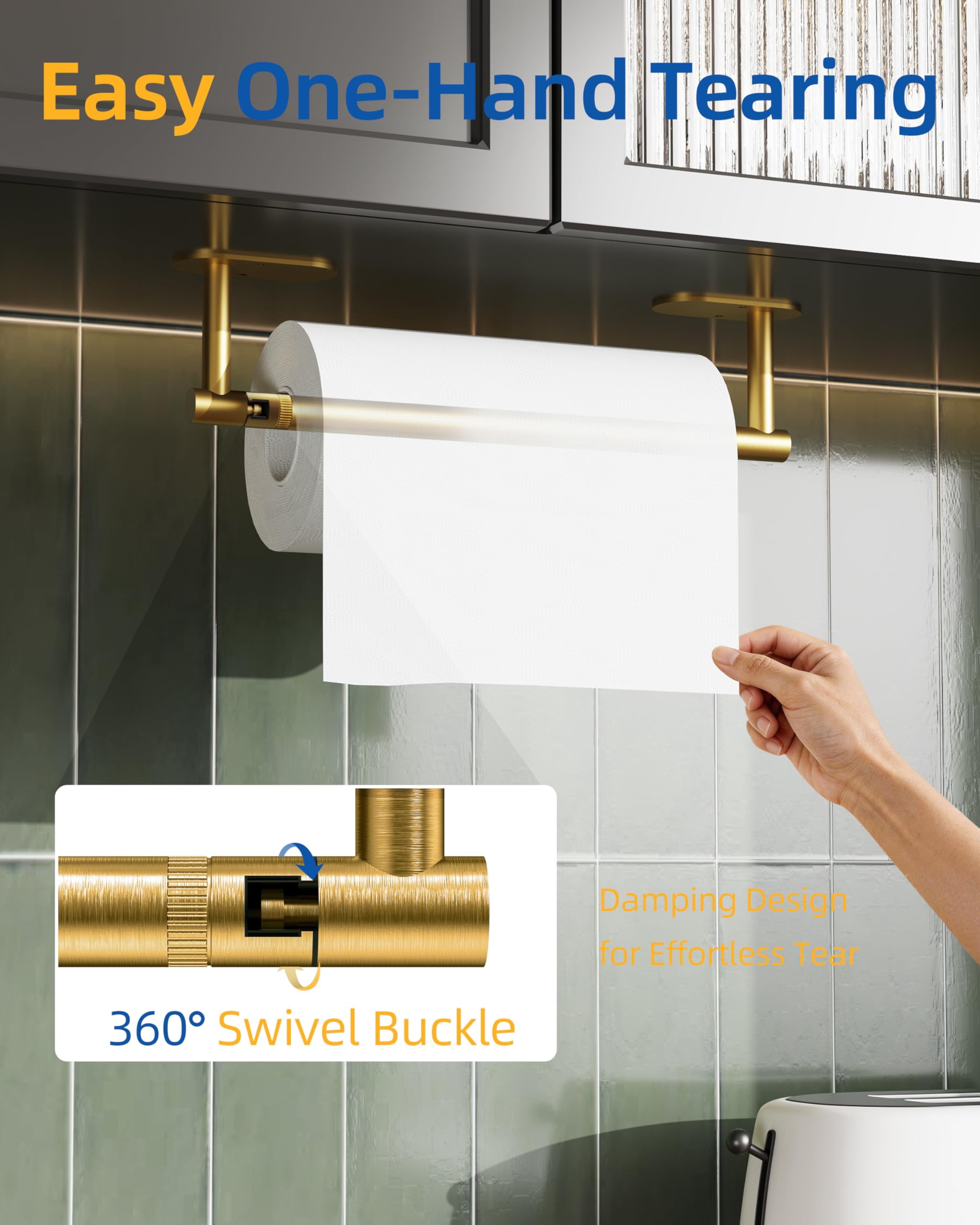 RUACQ Paper Towel Holder Under Cabinet, Self-Adhesive or Wall Mounted SUS304 Stainless Steel for Kitchen Bathroom, Brushed Gold