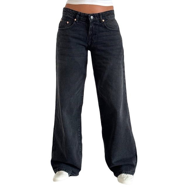 Women's Low Rise Jeans Wide Leg Trousers with Multi Pockets Oversized Fit Floor Length Buttons and with zip Washed Denim Pants