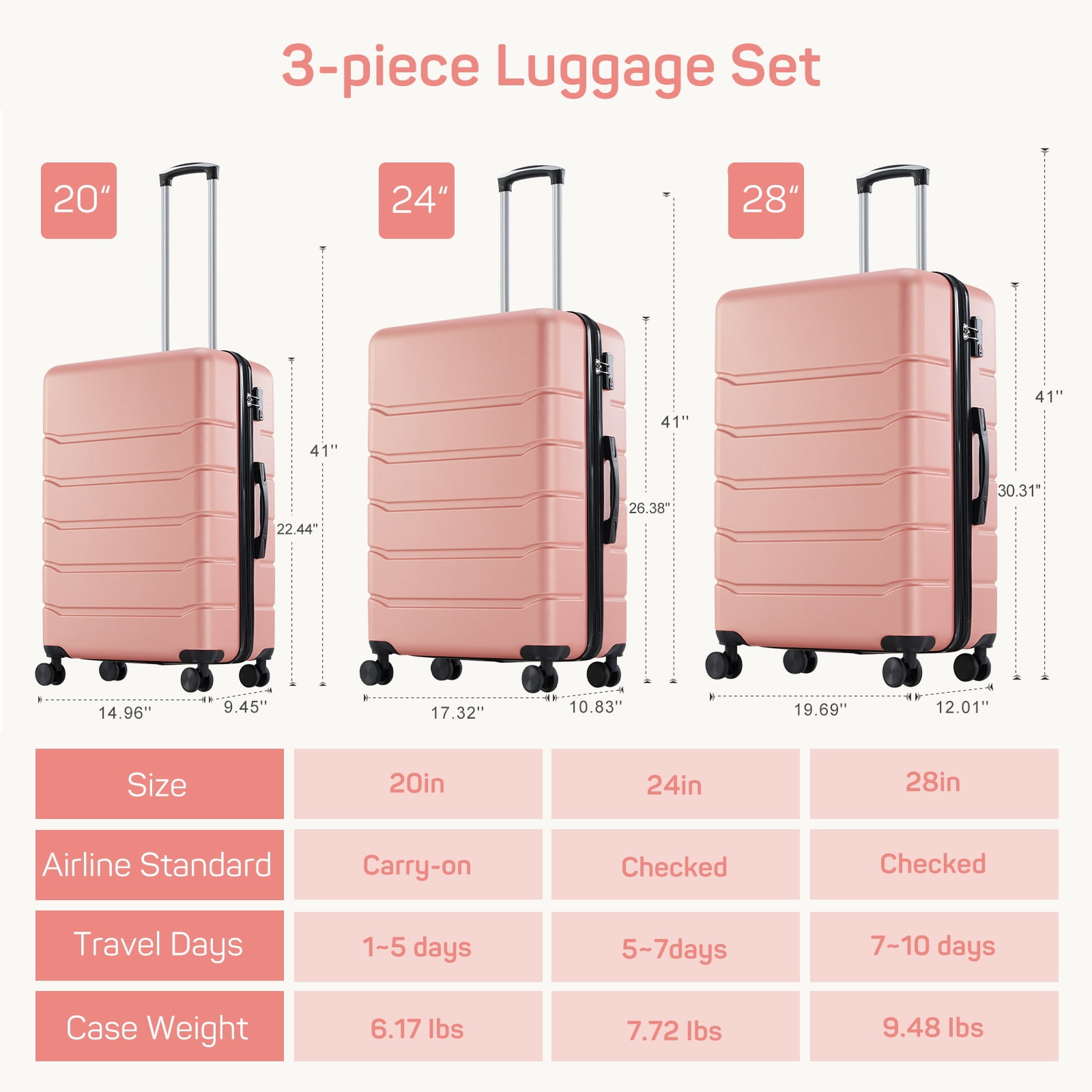 Aidoly 24 inch Suitcase, Hard Shell Luggage with TSA Lock, Expandable Lightweight Suitcase for Aldut, Pink
