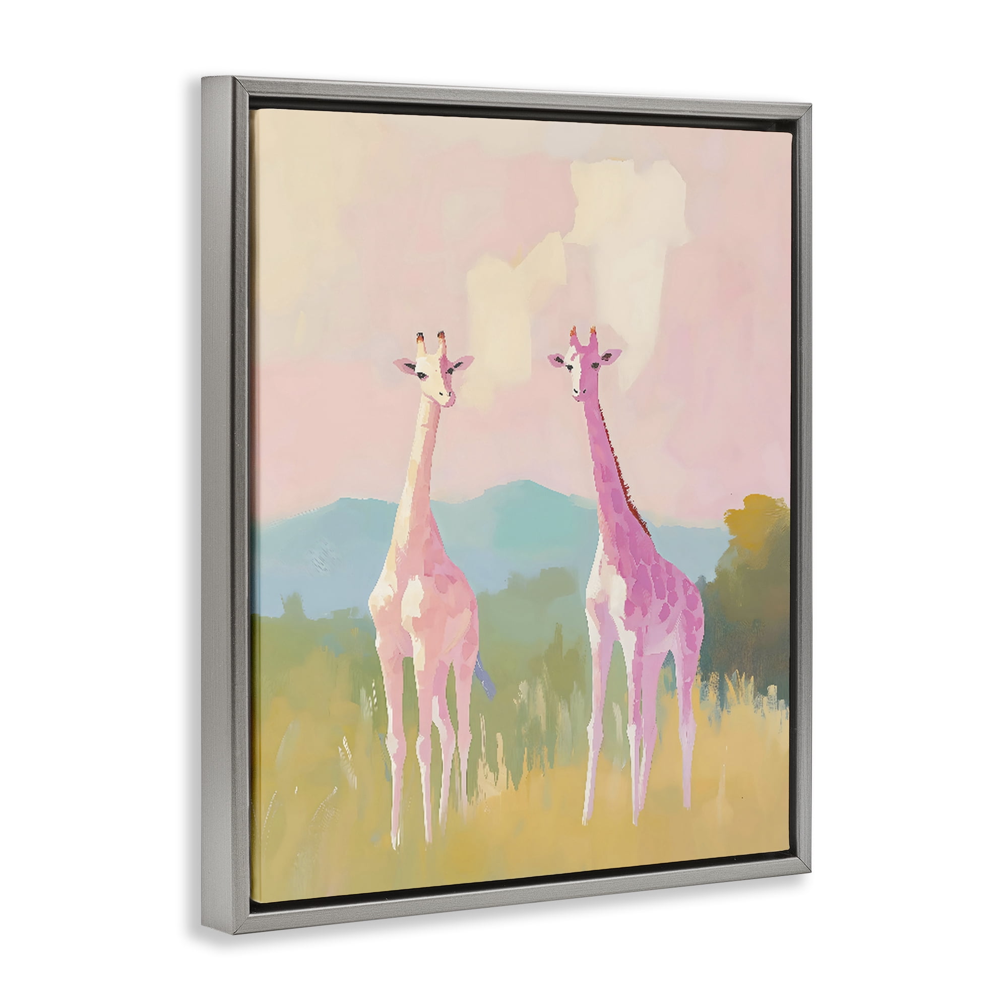 Stupell Industries Pink Giraffes on Savanna Gray Framed Floater Canvas Wall Art, design by The Prints Vibe