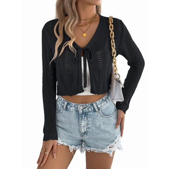 Women'S Light-Weight Shrugs Crochet Sweaters Tie Front 3/4 Sleeve Cropped Cardigan for Spring Summer