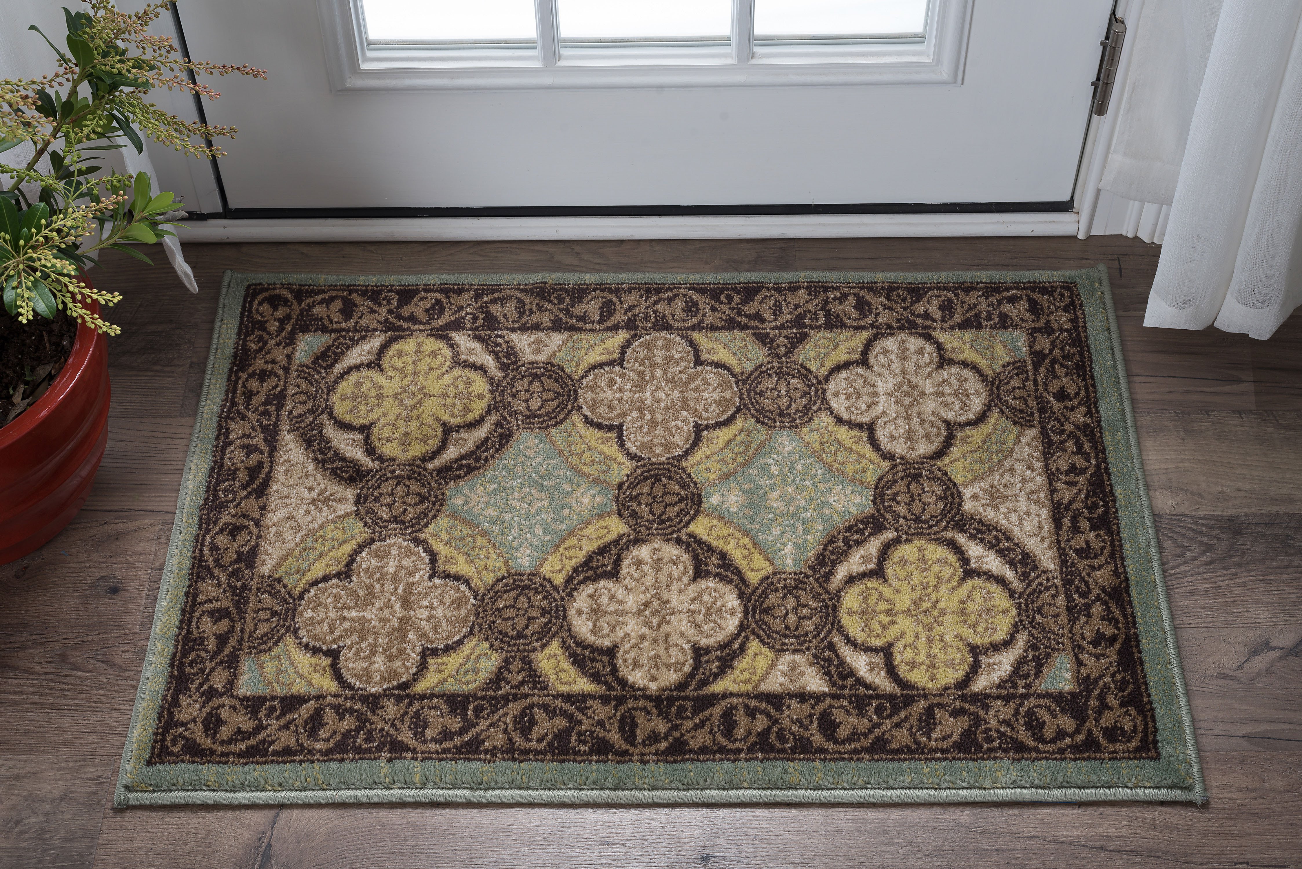 Transitional 2x3 Area Rug (2' x 3') Moroccan Tile Brown, Seafoam Indoor Scatter Easy to Clean