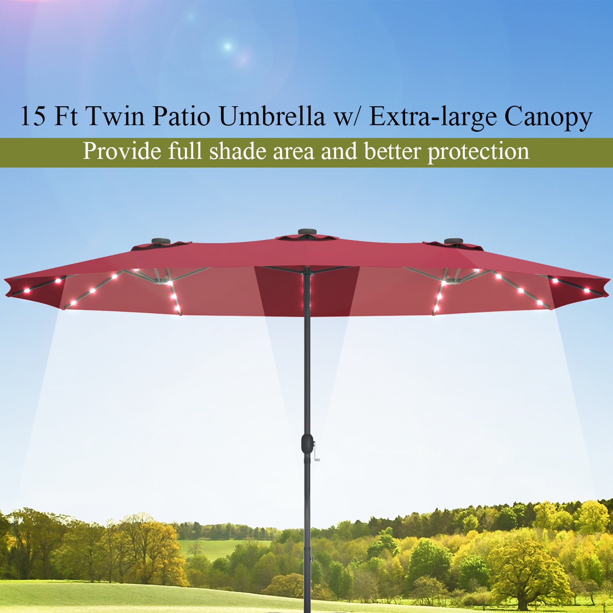 Gymax 15Ft Solar LED Patio Outdoor Double-Sided Umbrella w/ 36 Lights Crank Burgundy