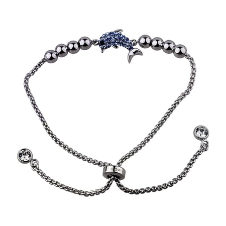 Sterling Silver Plate Dolpin & Beads Adjustable Bracelet W/ Clear Crystal End