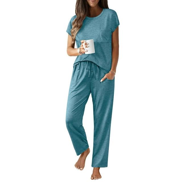 Conjunto de pijama Ekouaer con manga corta, azul y verde para mujer