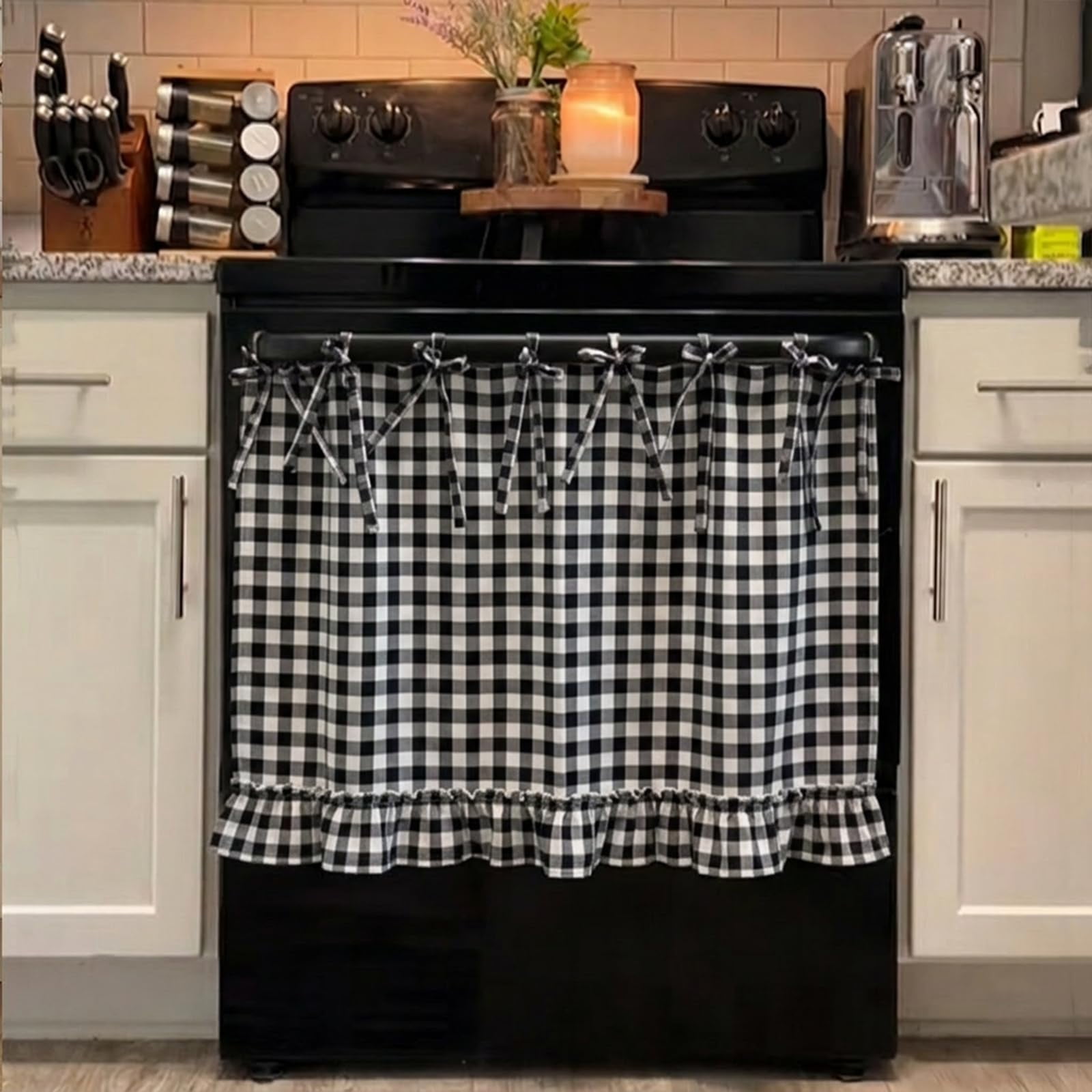 Fountwell Farmhouse Tie-Top Oven Skirt Curtain, Heat Resistant Appliance Cover for Oven, Dishwasher, Washing Machine, Easy Install Clutter Hider