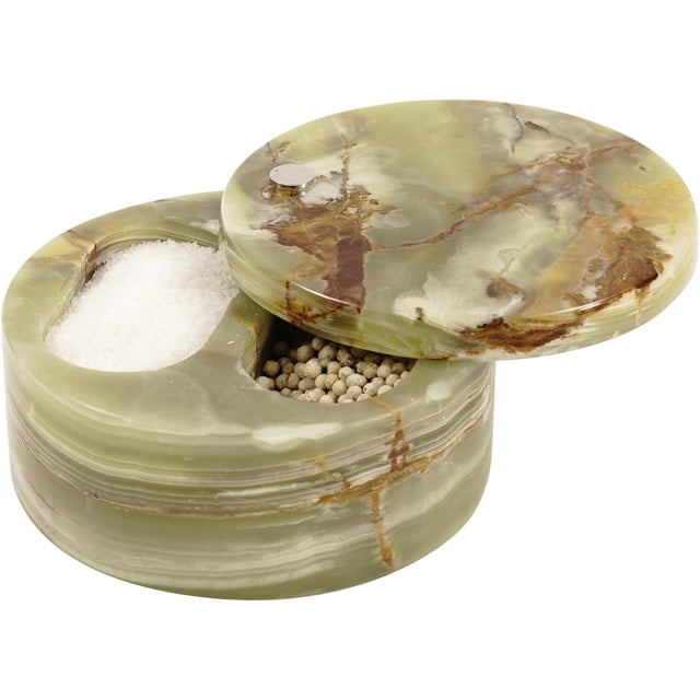Radicaln Marble Salt Cellar with Lid Dual Compartments Green Onyx 5 inches Handmade -Kitchen Storage
