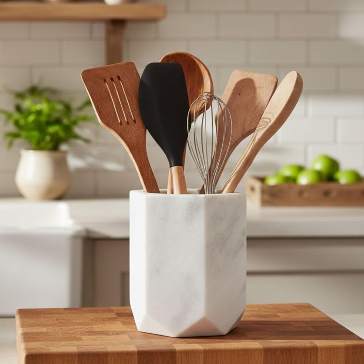 Elborse Marble Utensil Holder 6.5 inches White Spoon Holder for Kitchen Counter, Ideal Kitchen Utensils Set Organizer For Farmhouse Kitchens Decor, Cooking Utensil and Spatula Set