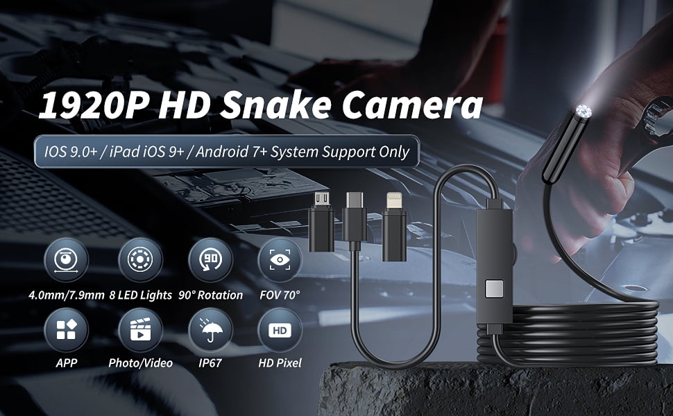 Endoscope Camera with Light, 1920P HD Borescope Tools with 8 Adjustable LED Lights, Endoscope with 16.4ft Semi-Rigid Snake Cam, 7.9mm IP67 Waterproof Inspection Camera for IOS and Android（16.4ft）