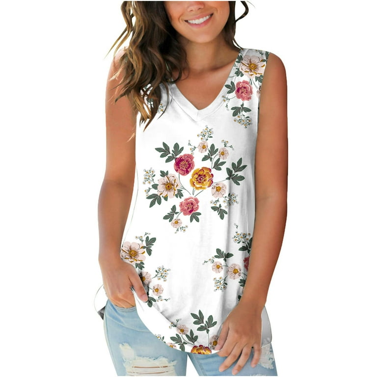Wycnly Tank Tops Floral V-Neck Sleeveless T Shirts for Women Summer Loose  Fit Fashion Ladies Tunic Vest Blouses Red M Clearance Clothes 