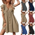 thumbnail image 1 of Mujer ropa vestido Jersey con cuello en V pétalos de color sólido QZJXG98 T28, 1 of 7