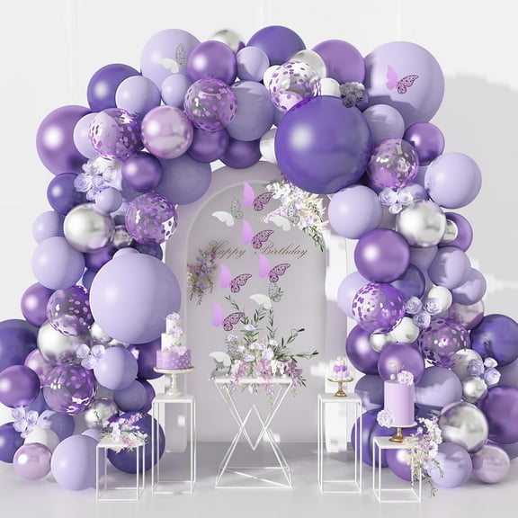 144-Piece Purple Balloon Garland Arch Kit With 12 Butterfly Stickers And Lavender Confetti For Baby Shower Birthday Wedding Party Decoration