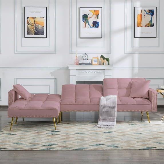 Aukfa 108" Living Room Sectional Sofa Bed, Velvet Sleeper Sofa, Nailhead Decor, 2 Pillows, Pink