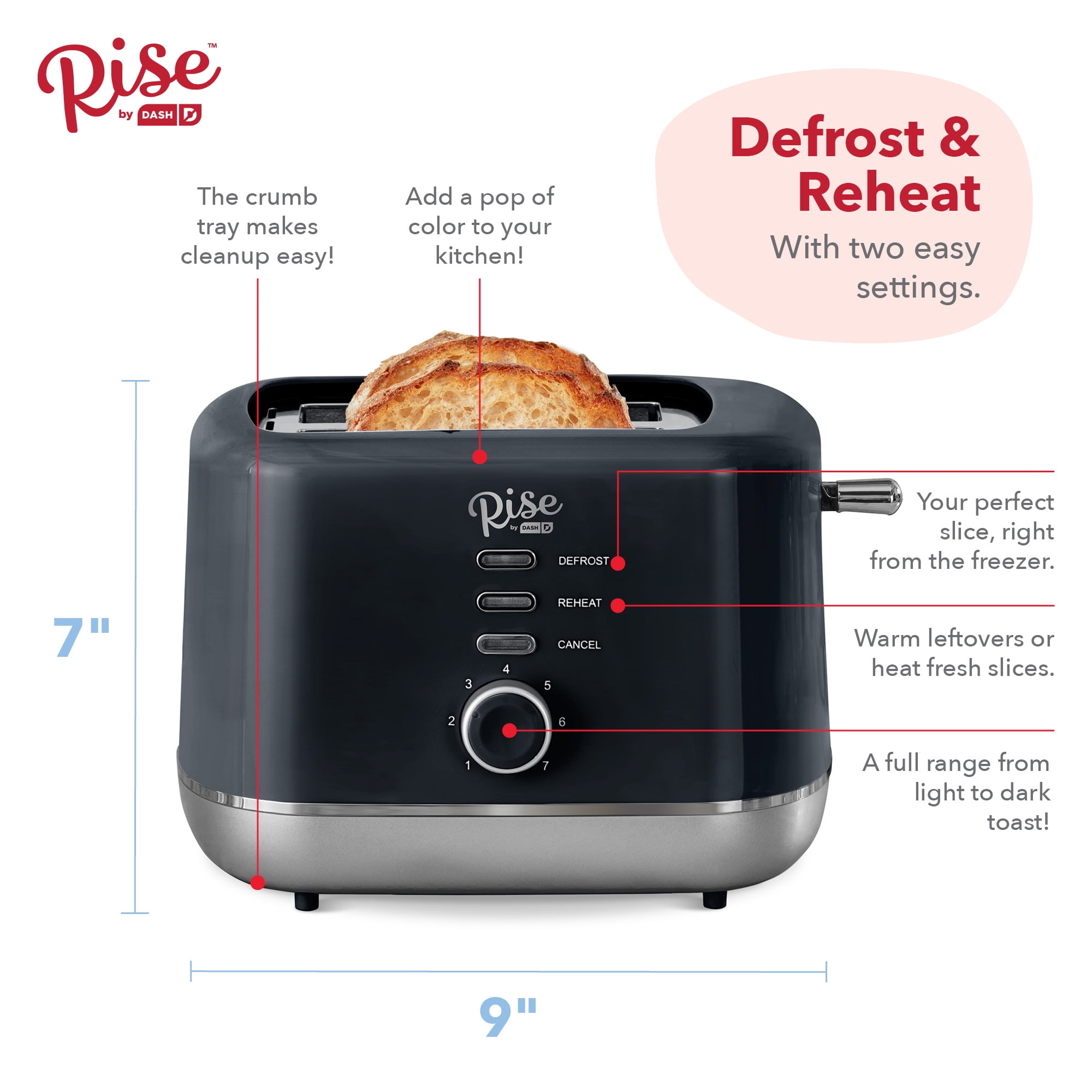 Rise By Dash Plastic Black 2 Slot Toaster 7.4 In. H X 7.2 In. W X 11.1 In.  D : Target