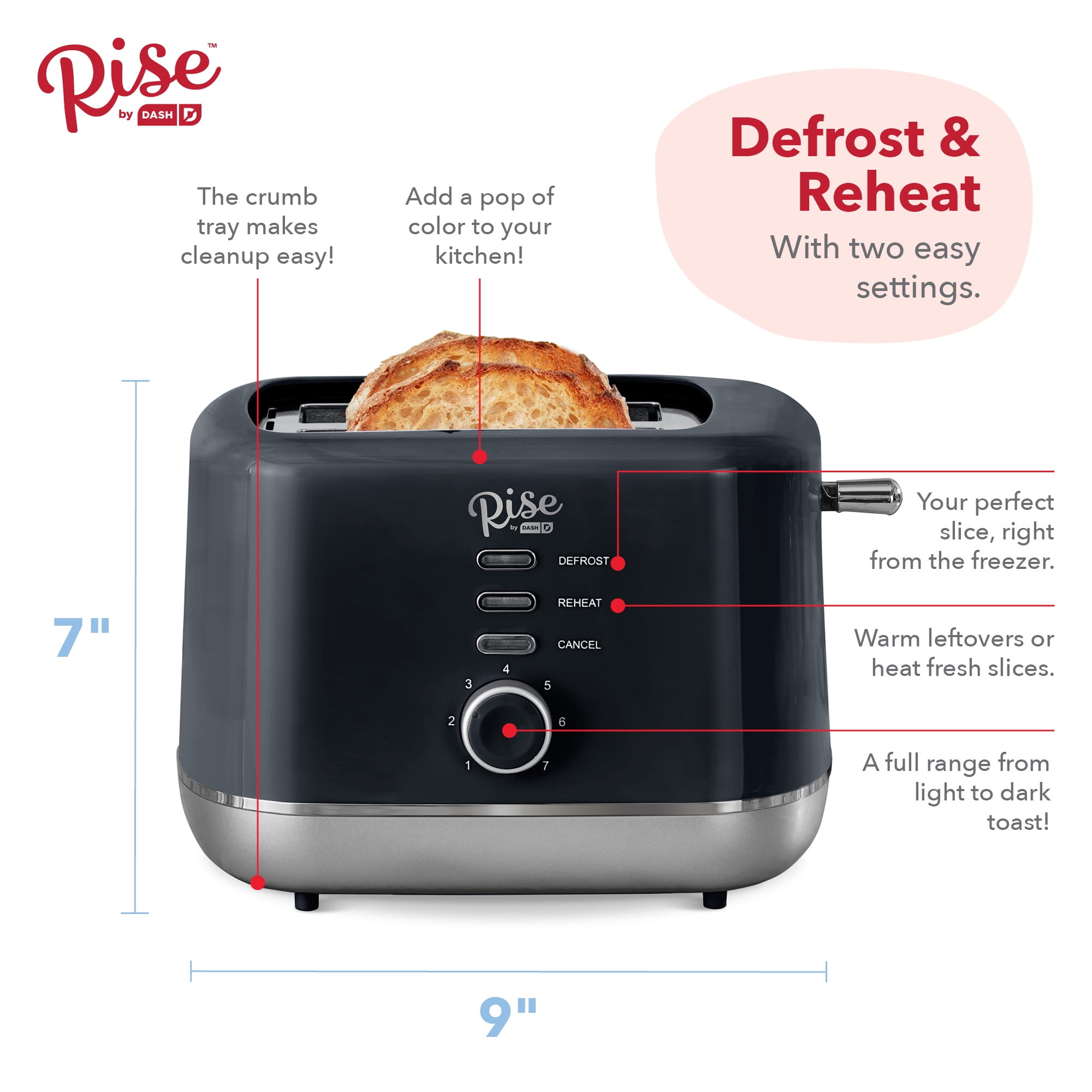 Rise by Dash 2-Slice Toaster: Defrost, Reheat + Auto Shut off, 7 Browning Levels for Bread, English Muffins & More, Black