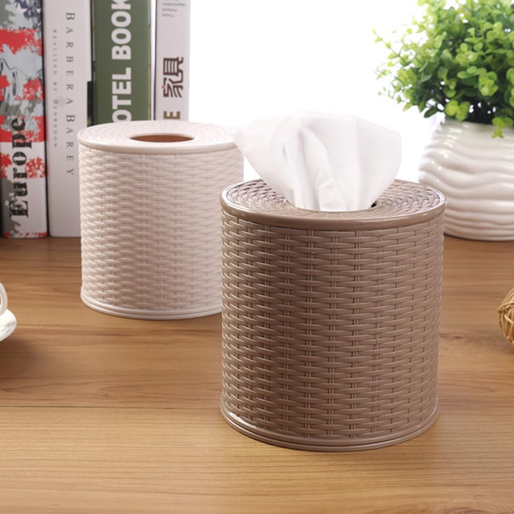 ABCISI Tissue Roll Dispenser, Plastic Toilet Paper Box with Lid, Imitation Rattan Toilet Paper Holder for Tabletop (12.5x12.5x13cm)