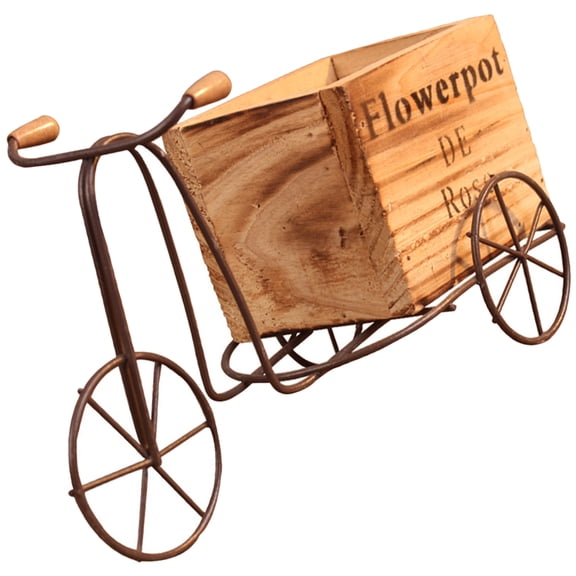 Greenadscape 1Set Wooden Flower Pot with Iron Tricycle Plant Stand Durable Rustic Style Display