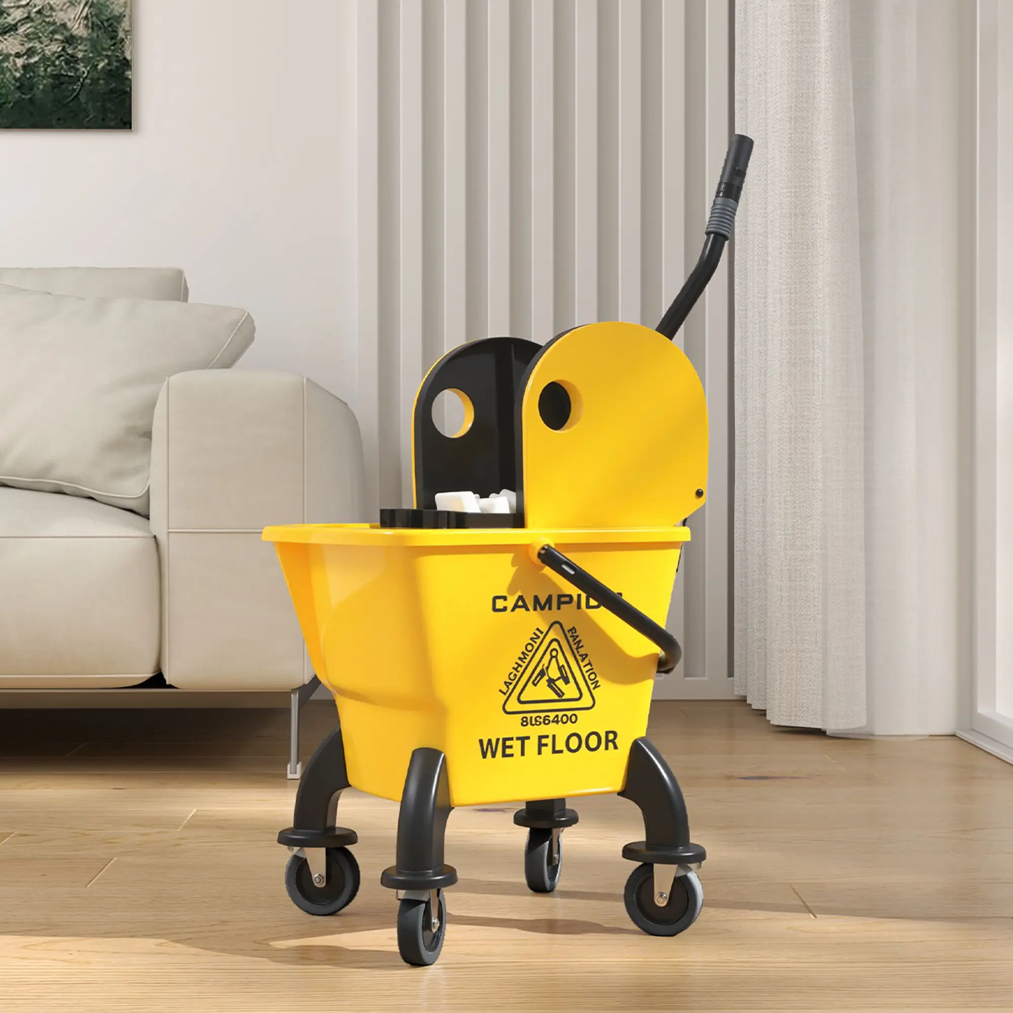 Mop Bucket with Wringer on Wheels for Floor Cleaning, 27.5 Quart Down Press Wringer with Handle & Mop – Black