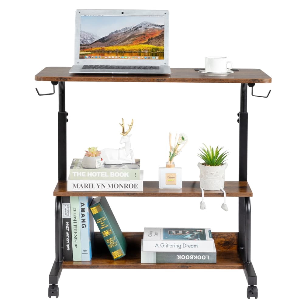 Hassch Portable Rolling Desk with Charging Station on Wheels, 26.4"-41.5" Height Adjustable Computer Desk with Storage Shelves for Home Office, Portable Writing Desk for Small Space, Brown